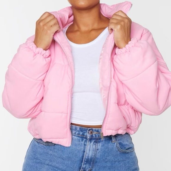 Pink Super Cropped Peach Skin Puffer - Picture 1 of 4